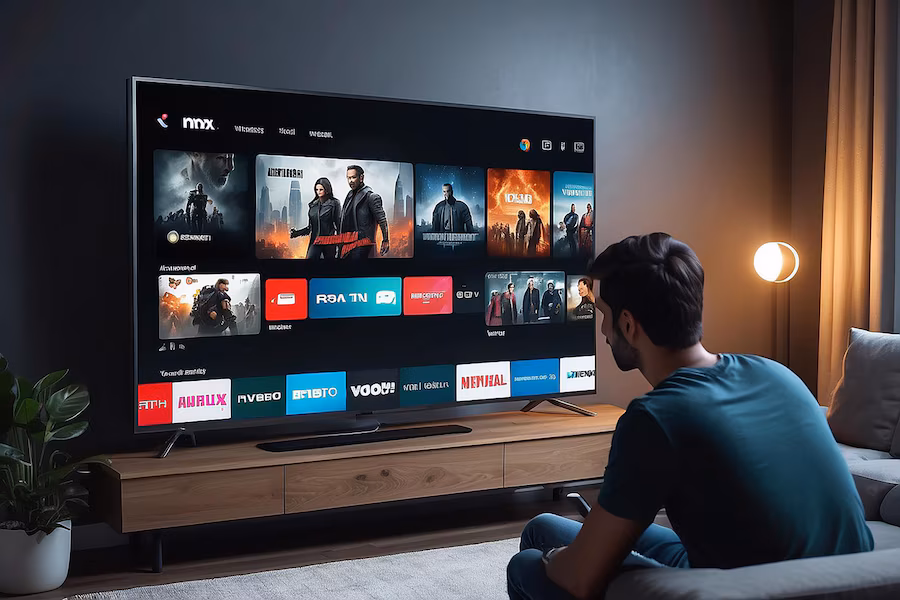 A person enjoying IPTV streaming on a smart TV with a remote in hand.